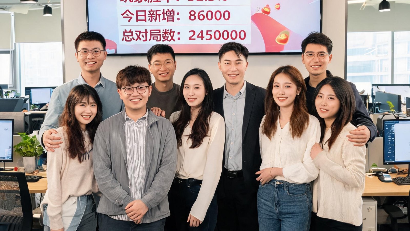 全民斗地主0802 核心团队成员在开放式办公室的合影，背景是大屏幕显示游戏数据，大家面带微笑