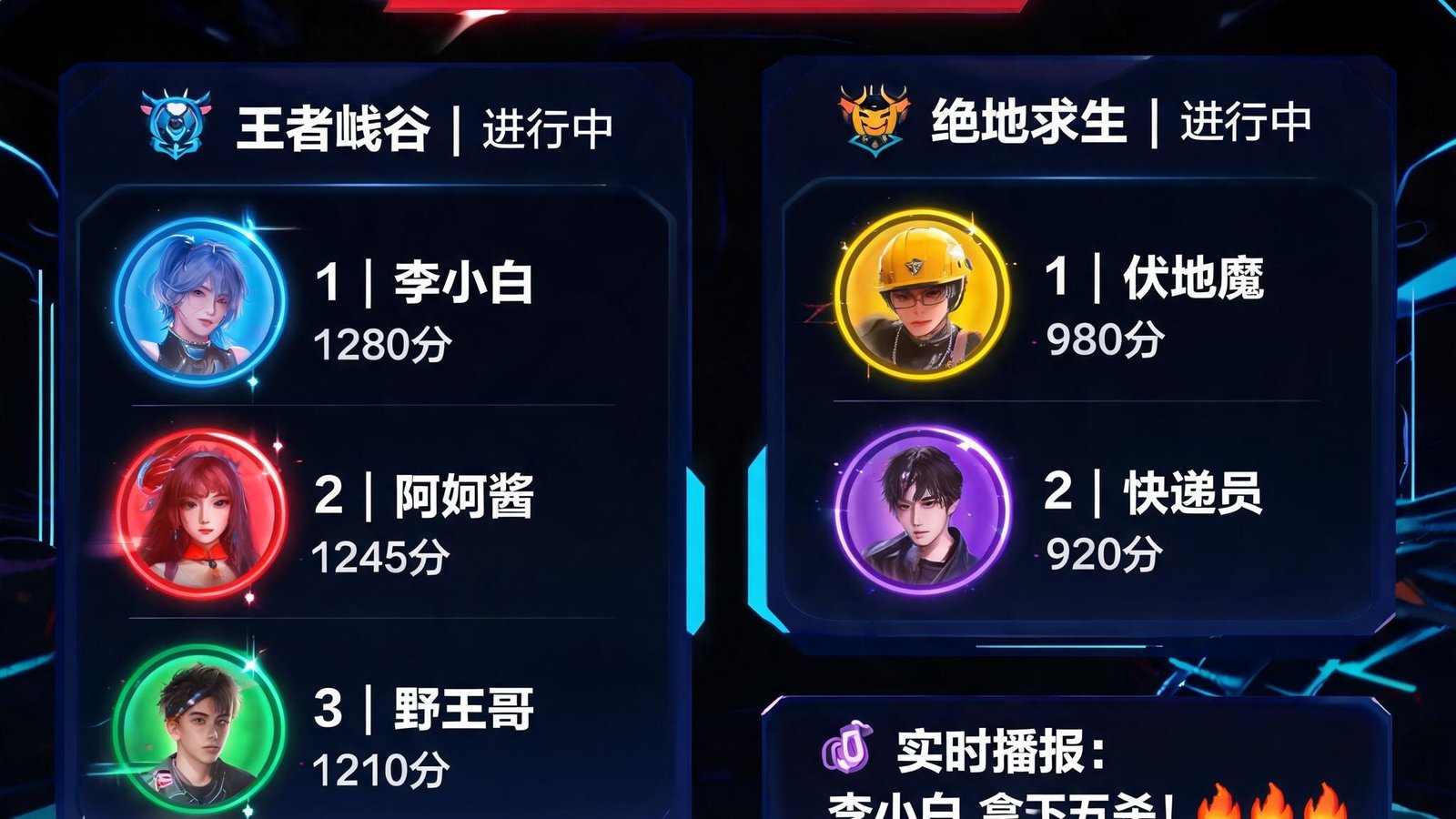 游戏大厅界面，显示多项赛事正在进行，玩家头像和排名闪烁，气氛热烈