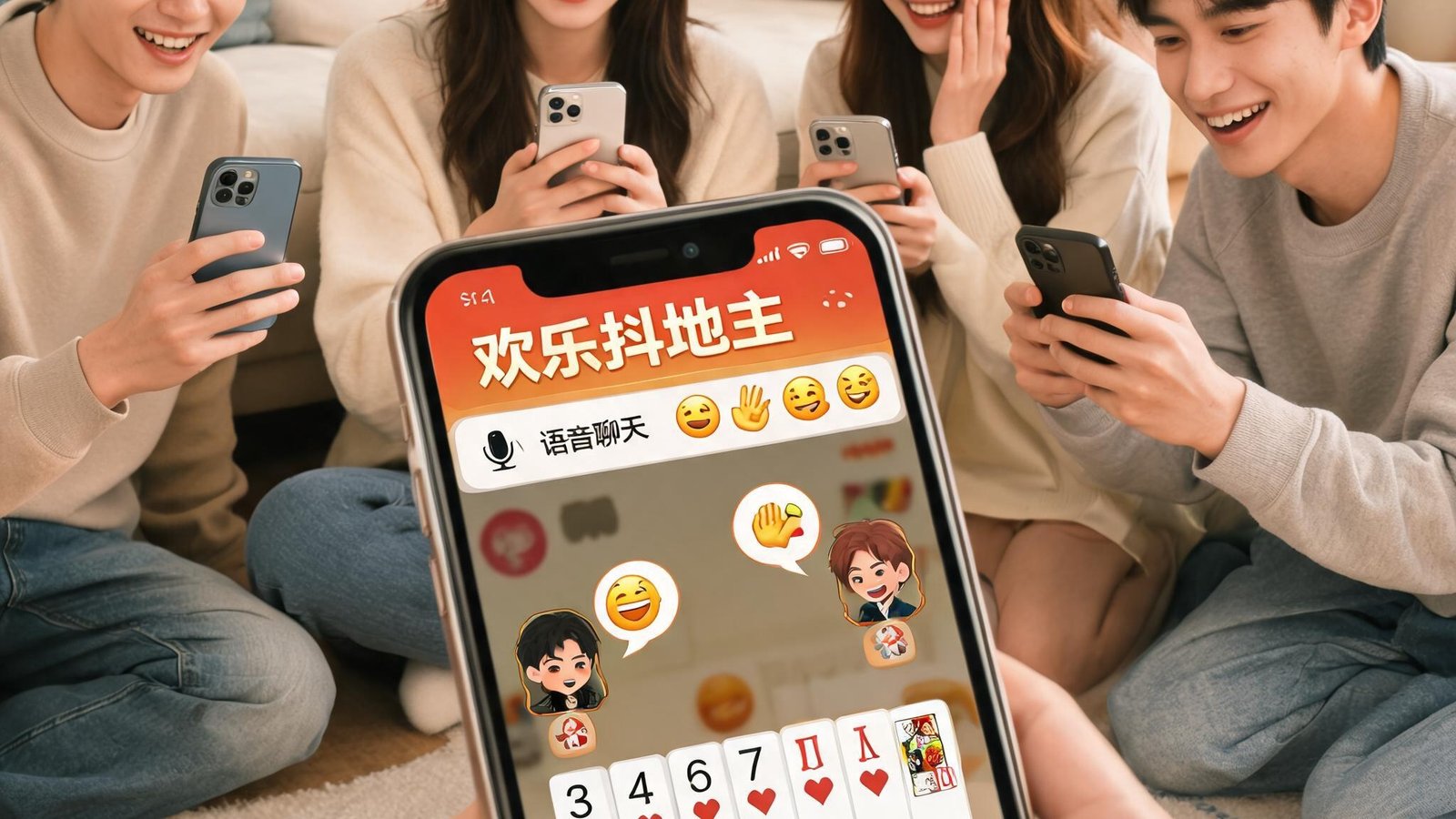 一群朋友在手机上一起玩斗地主，屏幕上显示丰富的表情互动和语音聊天功能