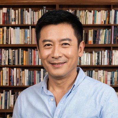一位四十岁左右的男性，短发，穿着休闲衬衫，面带自信微笑，背景是书架