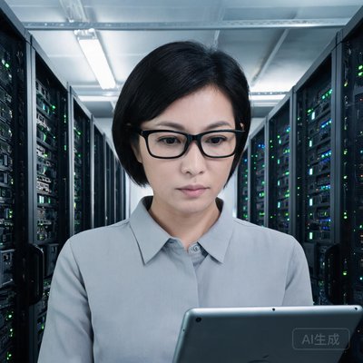 一位三十多岁的女性，干练短发，佩戴黑框眼镜，神情专注，背景是服务器机房